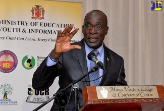 Minister of Education, Youth and Information, Senator the Hon. Ruel Reid, speaks at Press Conference regarding the 2018 CSEC results, at the Mona Visitors’ Lodge & Conference Centre in Kingston, on Thursday (August 16).