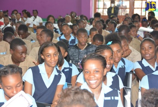 Students from across the western region at a joint Ministry of Education, Youth and Information and Ministry of Foreign Affairs and Trade symposium at the William Knibb High School in Falmouth, Trelawny. 