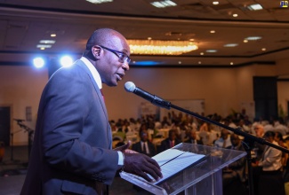 Minister of Education, Youth and Information, Senator the Hon. Ruel Reid, speaks at the national technical and vocational education and training (TVET) Quality Awards ceremony for Secondary Schools, held at the Jamaica Pegasus Hotel in New Kingston on September  14.