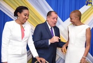 Minister of Industry, Commerce, Agriculture and Fisheries, Hon. Audley Shaw (centre), converses with Minister without Portfolio in the Ministry of Finance and the Public Service, Hon. Fayval Williams (right), at the Jamaica Electronic Single Window Project Mobilisation Seminar at The Jamaica Pegasus hotel in New Kingston on Wednesday (September 5). At left is Chief Executive Officer/Commissioner, Jamaica Customs Agency,  Velma Ricketts Walker. 