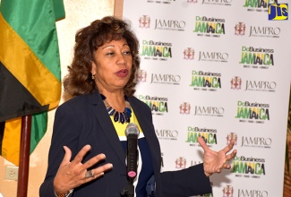 President, Jamaica Promotions Corporation (JAMPRO), Diane Edwards, highlights a point while addressing an Open Day held at the agency’s New Kingston offices on Tuesday (September 11). The Open Day was held as part of the entity’s 30th anniversary celebrations to showcase its work and impact over the years, including its contribution to the growth of the Jamaican economy.