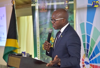 State Minister for Foreign Affairs and Foreign Trade, Senator the Hon. Pearnel Charles Jr. addresses a session to highlight Jamaica’s progress in implementing the Sustainable Development Goals (SDGs), at the Terra Nova All-Suite Hotel in St. Andrew on Thursday (September 27).