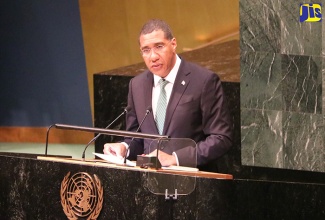 Prime Minister, the Most. Hon.  Andrew Holness, delivers Jamaica’s Policy Statement at the 73rd Session of the United Nations (UN) General Assembly, at the UN headquarters in New York on Thursday, September 27.