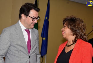 Jamaica Promotions Corporation (JAMPRO) President, Diane Edwards (right), speaks with Head of Cooperation of the European Union Delegation to Jamaica, Ricard Bardia Divins, at a CARIFORUM-EU Economic Partnership Agreement (EPA) workshop, held at The Knutsford Court Hotel in New Kingston on October 2. 