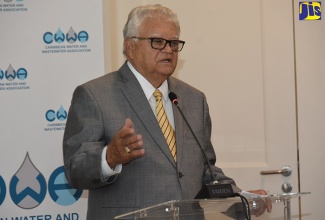 Minister without Portfolio in the Ministry of Economic Growth and Job Creation, Hon. Karl Samuda, speaking at  a high-level forum of Caribbean Ministers responsible for water on day two of the Caribbean Water and Wastewater Association’s (CWWA) 27th Conference and Exhibition at Jewel Grande Hotel in Montego Bay, St. James, on October 9.