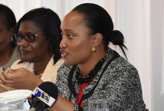 Senior Legal Officer at the Jamaica Customs Agency, Krystal Corbett (right), addresses a one-day sensitisation workshop on Customs post-clearance audit and the repeal and replacement of the Customs Act, at the Grandiosa Hotel in Montego Bay, St James. Seated right is Senior Director for the Western Region of the Jamaica Customs Agency, Claudette Coombs.