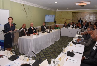 Minister of Foreign Affairs and Foreign Trade, Senator the Hon. Kamina Johnson Smith (left), addressing senior-level government officials and experts from Caribbean countries at the opening ceremony of a 2030 workshop on Thursday (November 1) at the Courtleigh Hotel, New Kingston. The two-day event was held under the theme, 'Co-creating Sustainable Solutions – Progress, Challenges and Emerging Tools'.