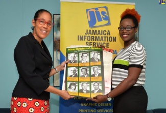 Chief Executive Officer of the Jamaica Information Service (JIS), Donna-Marie Rowe (left), presents samples of publications donated to the Mount Olive Youth Club in St. Andrew, to President, Allison Hughes. The donation included storybooks such as A Different Hurricane and Other Stories, Jamaican Folk Customs and Beliefs, Rhythms, What is Our National Heritage, Freedom Road, Free Villages, and Emancipation Tit Bits. The Club also received posters depicting the National Anthem, National Pledge, National Symbols, National Heroes and Heroine, Governors-General, Prime Ministers, and globally renowned cultural icon, Miss Lou. 