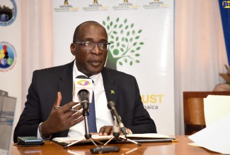 Minister of Education, Youth and Information, Senator the Hon. Ruel Reid, addressing a press conference at the Ministry’s National Heroes Circle offices in Kingston on February 5.