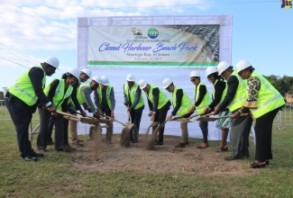  Prime Minister the Most Hon. Andrew Holness (7th left) and Minister of Tourism, Hon. Edmund Bartlett (6th left) participate in the official ground breaking ceremony for the Closed Harbour Beach project in Montego Bay on February 22. Joining the moment are (from left): Chairman, Urban Development Corporation (UDC), Senator Ransford Braham; Acting General Manager, UDC, Heather Pinnock; Executive Director of the Tourism Enhancement Fund (TEF) Dr. Carey Wallace; Member of Parliament for Central St. James, Heroy Clarke; Mayor of Montego Bay, Councillor Homer Davis; Minister of National Security, Hon. Dr. Horace Chang; Attorney General and Member of Parliament for St. James West Central, Marlene Malahoo-Forte; Permanent Secretary, Office of the Prime Minister and the Ministry of Economic Growth and Job Creation, Audrey Sewell; Chairman of the Tourism Enhancement Fund, Godfrey Dyer; and Minister of Culture, Gender, Entertainment and Sport, Hon. Olivia Grange.