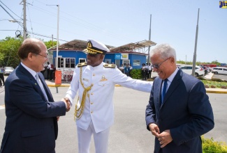 Secretary General of the International Maritime Organisation (IMO), Mr. Kitack Lim (left), is greeted by President of the Caribbean Maritime University (CMU), Professor Fritz Pinnock (centre), when he visited the university,  recently.  Also  pictured is Director General of the Maritime Authority of Jamaica (MAJ), Rear Admiral (ret.) Peter Brady. Mr. Lim was the guest of the MAJ for a series of meetings, including a High Level Symposium for  Caribbean Transport Ministers on Maritime Affairs. 