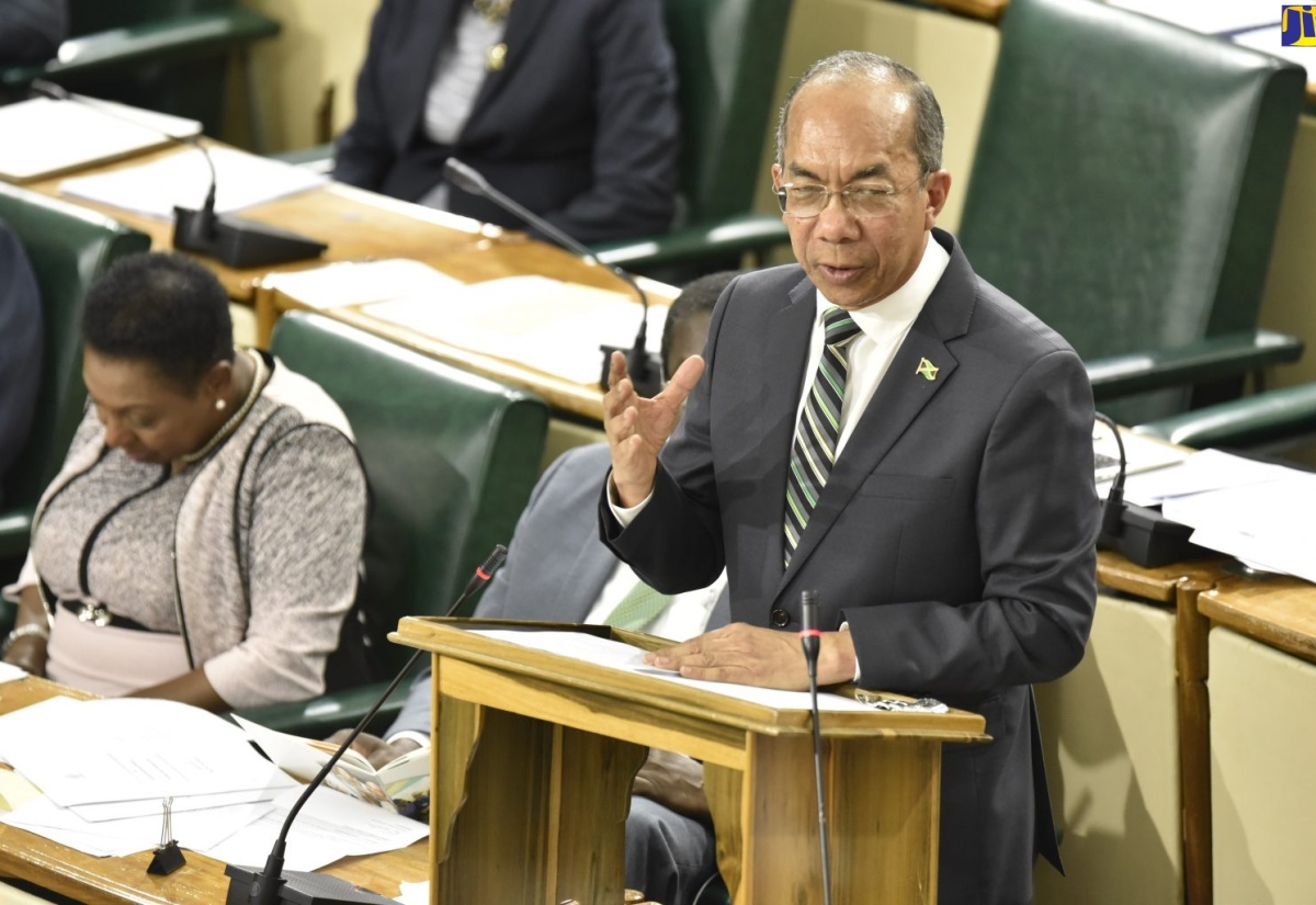 National Security Minister, Hon. Dr. Horace Chang, makes his contribution to the 2019/20 Sectoral Debate in the House of Representatives on April 16.  Others (from left) are Minister of Culture, Gender, Entertainment and Sport, Hon. Olivia Grange, and Minister of Transport and Mining, Hon. Robert Montague (partly hidden). 