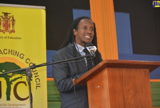 State Minister in the Ministry of Education, Youth and Information, Hon. Alando Terrelonge, speaking at the Jamaica Teaching Council’s education awards ceremony held at the Montego Bay Cultural Centre, Sam Sharpe Square, St. James, on Tuesday, April 23.