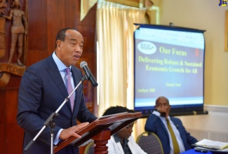 Chairman of the Economic Growth Council (EGC), Michael Lee-Chin (at podium) presents the EGC’s Eighth Quarterly Report at Jamaica House on Wednesday (May 15).