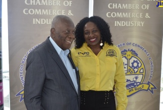 Tourism Enhancement Fund (TEF) Chairman, Godfrey Dyer, interacts with Montego Bay Chamber of Commerce and Industry (MBCCI) President, Janet Silvera, during the launch of the MBCCI’s Expo 2019, at the S Hotel, Jimmy Cliff Boulevard, Montego Bay, on Wednesday (July 24). 