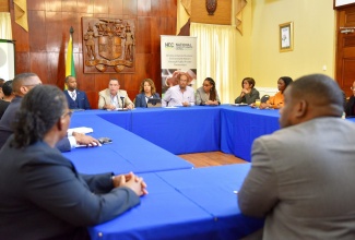 Minister without Portfolio in the Ministry of Economic Growth and Job Creation and Chairman, National Competitiveness Council (NCC), Hon. Daryl Vaz (second left, head table), addresses a meeting of the NCC at the Office of the Prime Minister on Thursday (July 25).  