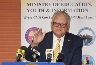 Minister without Portfolio with responsibility for Education, Youth and Information, Hon. Karl Samuda, presents the preliminary report for 2019 Caribbean Secondary Education Certificate during a press conference at the Ministry’s offices at National Heroes Circle on Wednesday (August 14).    