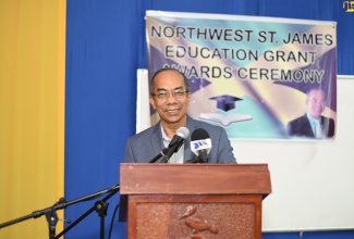 Minister of National Security, Hon. Dr. Horace Chang, addresses the St. James North Western Constituency Development Fund (CDF) Education Grant award ceremony Programme 2019, at the University of the West Indies Western Campus, in Montego Bay, on August 15. 