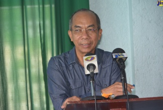 National Security Minister, Hon. Dr. Horace Chang, addressing entertainment stakeholders in St. James during a meeting a Pier One in Montego Bay on Saturday, September 21.