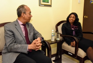 Minister of National Security, Hon. Dr. Horace Chang (left), in discussion with the High Commissioner of the Republic of South Africa in Jamaica, Her Excellency Lumka Yengeni, during a courtesy call at the Ministry, on Thursday (September 12). 