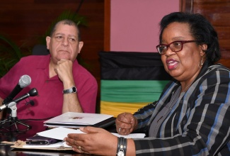 Minister of Industry, Commerce, Agriculture and Fisheries, Hon. Audley Shaw (left), listens to General Manager of the Banana Board, Janet Conie, as she addresses a media briefing on the management of the threat of the TR4 disease, on Wednesday (October 9), at the Ministry, Hope Gardens, in Kingston.