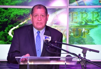 Minister of Industry, Commerce, Agriculture and Fisheries, Hon. Audley Shaw, addresses guests during the official signing of a hotel management agreement between the Amaterra Jamaica Group and Marriott International, at the Hard Rock Café in St. James on Wednesday (November 13). 