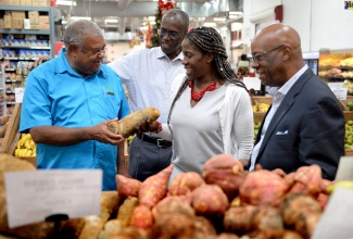 Chief Technical Director in the Ministry of Industry, Commerce, Agriculture and Fisheries, Monique Gibbs (second right), and President, Jamaica Agricultural Society (JAS) Lenworth Fulton (left), discuss the importance of consuming locally grown yam and other ground provisions. Also pictured (from second left), are: Chief Executive Officer (CEO), JAS, Christopher Emanuel; and Project Manager, Lakes Pen Agri-Ventures, Victor Cummings. Occasion was the launch of ‘Eat Jamaican’ Month 2019 at the Mega Mart Wholesale Club on Upper Waterloo Road in St. Andrew on Friday (Nov. 8).