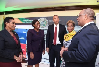 Chief Executive Officer, Passport, Immigration and Citizenship Agency (PICA), Andrew Wynter  (right), converses with (from left) Permanent Secretary in the Ministry of Foreign Affairs and Foreign Trade, Ambassador Marcia Yvette Gilbert-Roberts; Commercial Manager, DHL Express, Michelle Andrew; Senior Vice President, Corporate and Commercial Banking, Scotiabank, Perrin Gayle; and Permanent Secretary in the Ministry of National Security, Dianne McIntosh, at the official launch of the agency’s online adult passport renewal application system, at The Jamaica Pegasus hotel in New Kingston, on December  11.