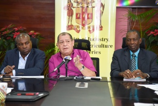 Minister without Portfolio in the Ministry of Industry, Commerce, Agriculture and Fisheries (MICAF), Hon. J.C. Hutchinson (right), listens to  Minister Audley Shaw (centre),  at the Ministry’s Quarterly Press Briefing, on Thursday (December 5), in Kingston. At left is Permanent Secretary in the Ministry, Dermon Spence.