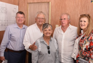 Minister without Portfolio with responsibility for Education, Youth and Information, Hon. Karl Samuda (second left), with members of the Christel House International team (from left) Senior Vice President, Treasurer and Chief Financial Officer, Christel House International, Joseph Schneider;  Chairman of the Board, Christel House Jamaica and retired Custos of Manchester, Sally Porteous; Project Manager, Christel House International, Jeremy Brown  and Senior Vice President and Secretary, Christel House International, Cheryl Wendling. Occasion was a tour of the Christel House Jamaica school,  under construction at Twickenham Park,  St. Catherine, recently.  