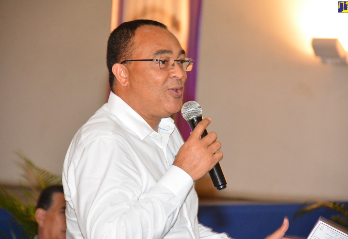 Health and Wellness Minister, Dr. the Hon. Christopher Tufton, speaking at the Ministry’s St. James Town Hall Meeting at the Montego Bay Cultural Centre on February 6.