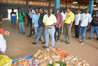 Minister of Local Government and Community Development, Hon. Desmond McKenzie, looks at produce during a tour of the Santa Cruz Market in St. Elizabeth on February 14.
