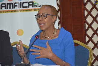 Minister of Science, Energy & Technology, Hon. Fayval Williams, makes her contribution to a panel discussion at the fourth Energy and Climate Partnership of the Americas (ECPA) Meeting, held at the Montego Bay Convention Centre, in St. James, on Thursday, February 27.