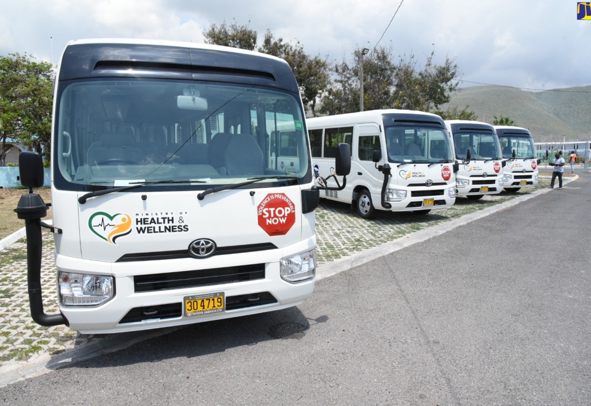 Four of the seven new buses that were handed over to the Southeast Regional Health Authority (SERHA) and the Nurses Association of Jamaica (NAJ) during a ceremony at the St. Joseph’s Hospital Complex in Kingston on Thursday (March 19). The Government provided five buses to transport nurses at a cost of more than $57 million, while two are on loan from Toyota Jamaica.