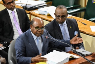 Tourism Minister, Hon. Edmund Bartlett (left), highlights a point while addressing the Standing Finance Committee of the House of Representatives on Tuesday’s (March 3).  Beside him is Director of Tourism, Jamaica Tourist Board, Donovan White.