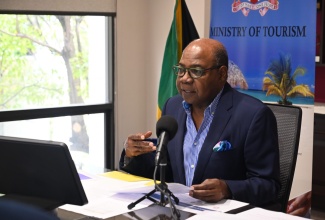 Minister of Tourism, Hon. Edmund Bartlett, addresses a digital press conference on April 17.

