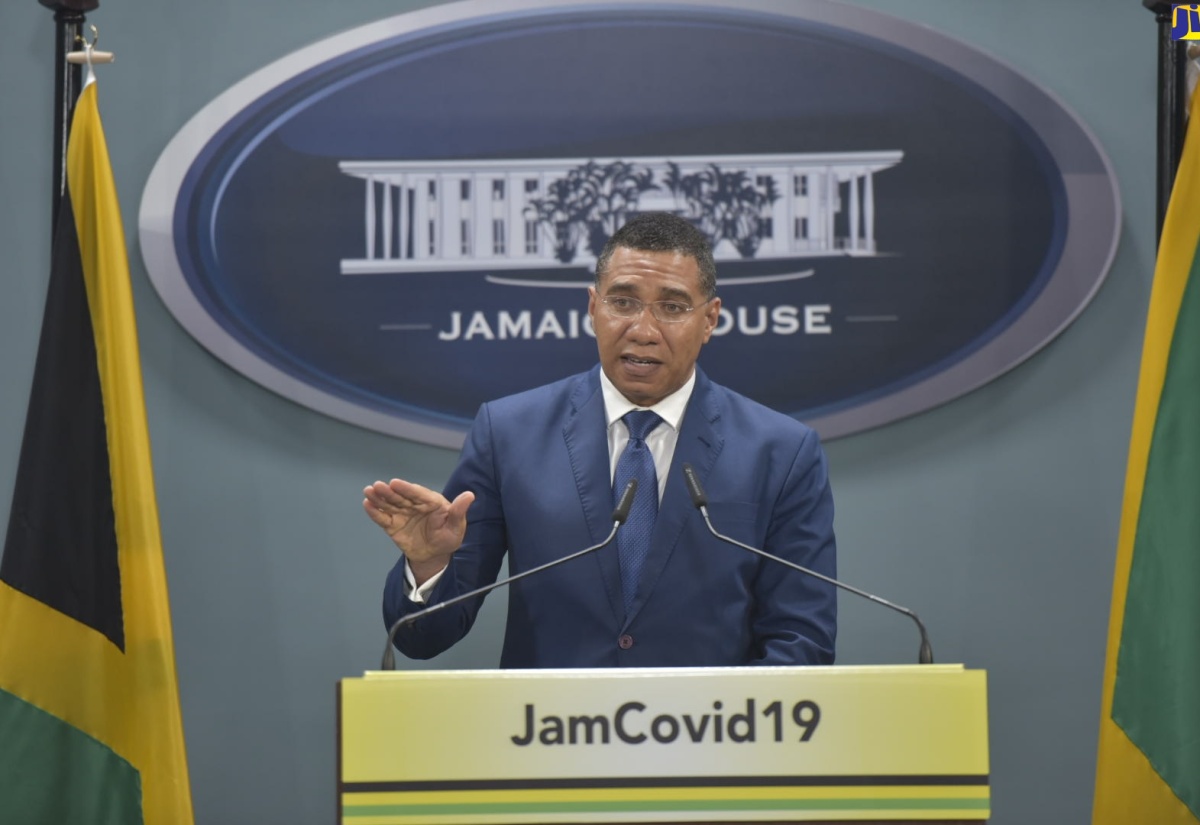 Prime Minister, the Most Hon. Andrew Holness, speaks at a virtual press conference, on Monday (May 11), at the Office of the Prime Minister Media Centre, in Kingston.

