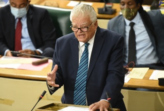 Minister of Education, Youth and Information, Hon. Karl Samuda,  highlights a matter while making his contribution to the 2020/21 Sectoral Debate in the House of Representatives on Tuesday (July 28). 
