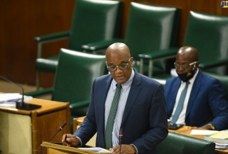 Minister without Portfolio in the Ministry of Industry, Commerce, Agriculture and Fisheries, Hon. Leslie Campbell, making a statement to the House of Representatives on Tuesday (July 28).

 