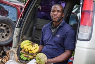 Farmer from Brandon Hill, in St. Andrew, Kevin McLaren,  displays ripe bananas and a breadfruit from his farm, during a Farmers’ Market on July 3, at the Ministry of Industry, Commerce, Agriculture and Fisheries playfield, in St. Andrew.

