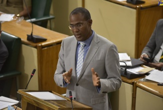 Minister of Finance and the Public Service, Dr. the Hon. Nigel Clarke, highlights a point while making a statement in the House of Representatives on Tuesday (Aug. 11). 

