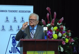 Minister of Education, Youth and Information, Hon. Karl Samuda, addresses the Jamaica Teachers’ Association’s (JTA) 56th annual conference at the Montego Bay Convention Centre, St. James on Wednesday (August 19).