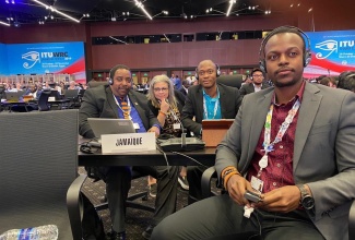 Director of Post and Telecommunications at the Ministry of Science, Energy and Technology, Cecil McCain (left); Managing Director, Spectrum Management Authority, Dr. Maria Myers-Hamilton; Manager of Band Planning, Spectrum Management Authority, Mahlangu Lawson (third left); and Telecommunications Engineer, Spectrum Management Authority, Tai-Shan Tracey, in attendance at the 2019 World Radio Communications Conference in Egypt.

