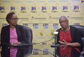 Director General at the Statistical Institute of Jamaica (STATIN), Carol Coy (right) addresses a recent JIS Think Tank. Listening is Deputy Director General, Leesha Delatie-Budair