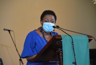 Minister of Culture, Gender Entertainment and Sport, Hon. Olivia Grange, addressing the congregation during the National Heritage Week Thanksgiving Church Service at the William Knibb Memorial Baptist Church in Falmouth, Trelawny, on Sunday (October 18).

