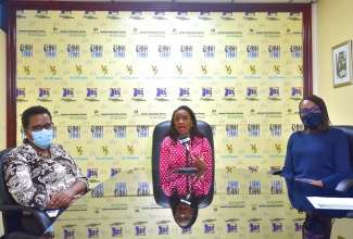 Principal/Director of the National College for Educational Leadership (NCEL), Dr. Taneisha Ingleton (centre), addresses a recent JIS Think Tank.  She is flanked by Project Manager for the Basic Needs Trust Fund (BNTF), Jamaica Social Investment Fund (JSIF),  Daintyann Barrett Smith (left); and Assistant Chief Education Officer in the Special Education Unit, Ministry of Education, Youth and Information, Dr. Sharon Anderson Morgan.

