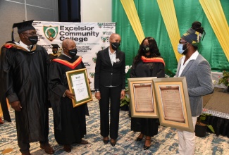 Minister of Education, Youth and Information, Hon. Fayval Williams (centre), with (from left) Principal, Excelsior Community College, Philmore McCarthy; Honorary Fellows, Morin Seymour and Dr. Charah Watson, and distinguished past student, Orville Hall, at the institution’s virtual graduation ceremony, held on February 11 at The Jamaica Pegasus hotel in New Kingston.

