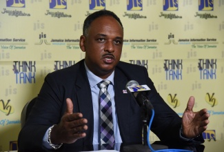 Managing Director of the Jamaica Social Investment Fund (JSIF), Omar Sweeney, speaks about the Basic Needs Trust Fund (BNTF)  of  JSIF, at a  Jamaica Information Service (JIS) ‘Think Tank’, held at the agency’s headquarters, today (February 1).

