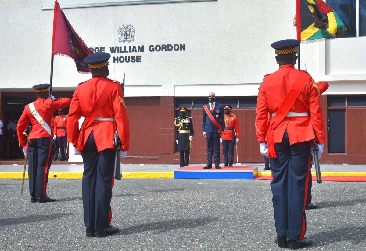 Governor-General, His Excellency the Most Hon. Sir Patrick Allen, stands at attention for the playing of the National Anthem, at the 2021/22 ceremonial opening of Parliament on February 18.

