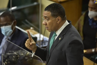 Prime Minister, the Most Hon. Andrew Holness, making his contribution to the 2021/22 Budget Debate in the House of Representatives on March 18.